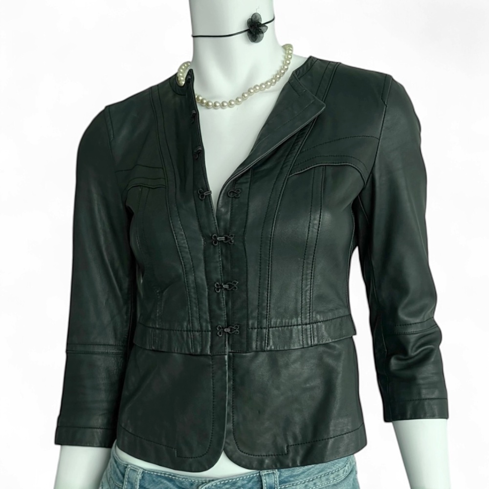 Dkny Black Leather Fitted Hook-Front Blazer